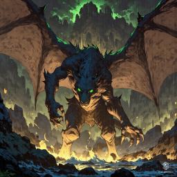 In a vast, shadowy cavern, an epic displacer beast-dragon hybrid prowls along an Underdark lake. Black dragon wings with green tips soar above, while glowing blue tentacles ripple menacingly beneath. Its panther-like head, adorned with a lizard's snout, glistens with dark scales. Acid drips from its claws as a mist rolls in, shrouding the eerie, still waters.