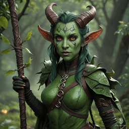 Lilith Valmoira is a green-skinned Tiefling druid, abandoned and raised with resentment toward humanity. Despite her devilish features, Lilith wields deep wisdom and intelligence, forging a bond with nature and animal companions. Her intricate hides and twig-adorned nature staff echo her connection to the world around her.