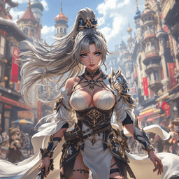 A dynamic, full-body medieval fantasy anime character rendered in ultra-detailed 4K HDR digital art. Showcasing perfect anatomy and realistic skin textures, they stand confidently amid a bustling cityscape, captured in a cinematic key frame with vibrant depth of field and lifelike presence.