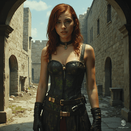Izzy is a youthful halfling assassin, standing at 1.5 meters tall with pale skin adorned in patches of shimmering green scales. With solid yellow-green eyes and thick reddish-brown hair, she wears fitted leather armor, revealing her delicate yet deadly nature. Mischievous and alert, Izzy embodies the thrill of the hunt beneath her cute façade.