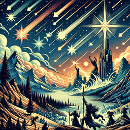Beneath a canopy of cosmic wonders, the astral sea flows with shimmering stardust, punctuated by shooting stars. Ethereal islands float amidst this celestial expanse, their vibrant hues bathed in dramatic lighting. Amidst dynamic, stylized forms, the grandeur of this mystical realm evokes a nostalgic, painterly charm.