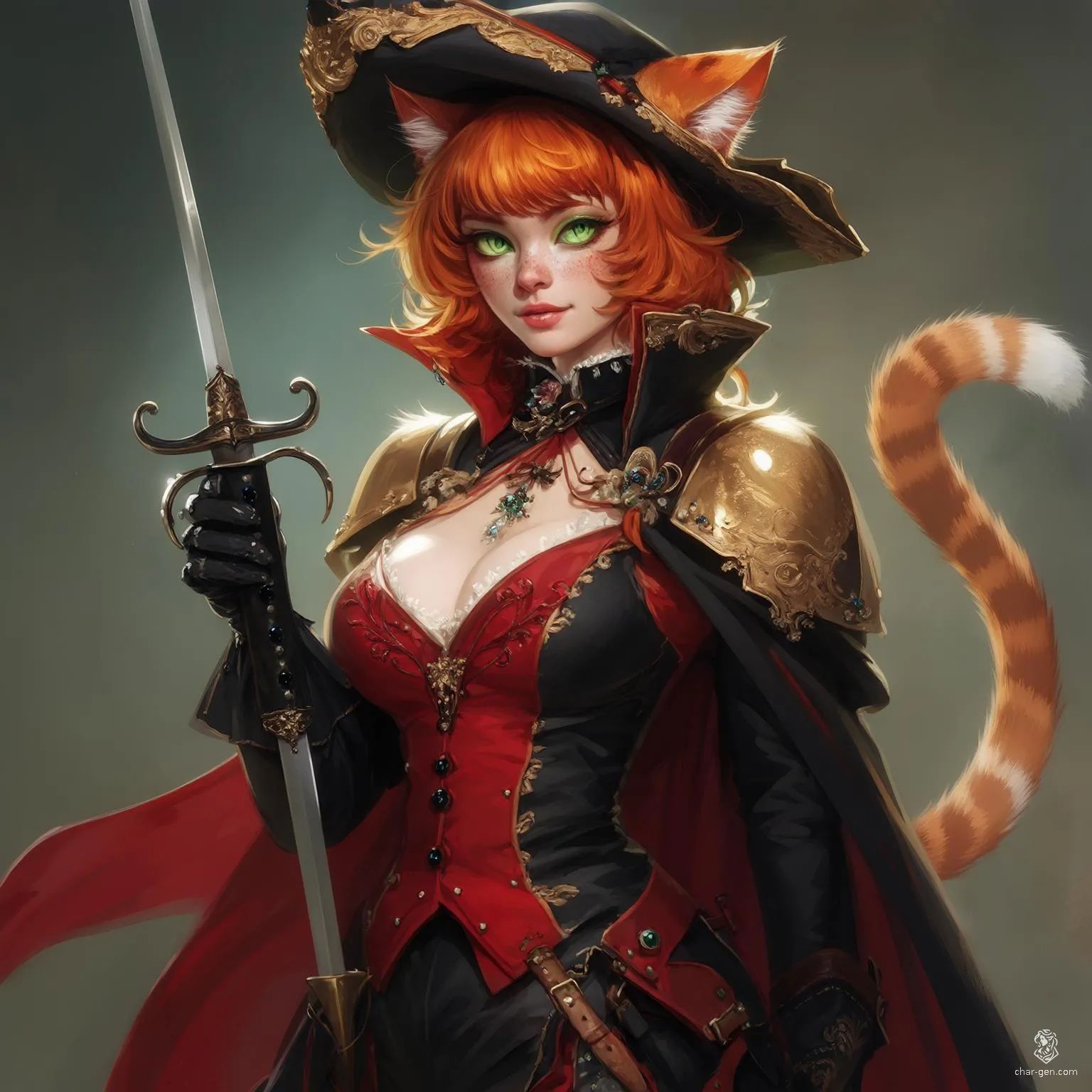 A striking female duelist bard blending French Renaissance flair with fantasy charm. With ginger hair, feline ears, and a flowing tail, she wields a rapier with grace. Her vibrant attire, cavalier hat, and fur accents complement her piercing green cat-like eyes, embodying elegance and agility.