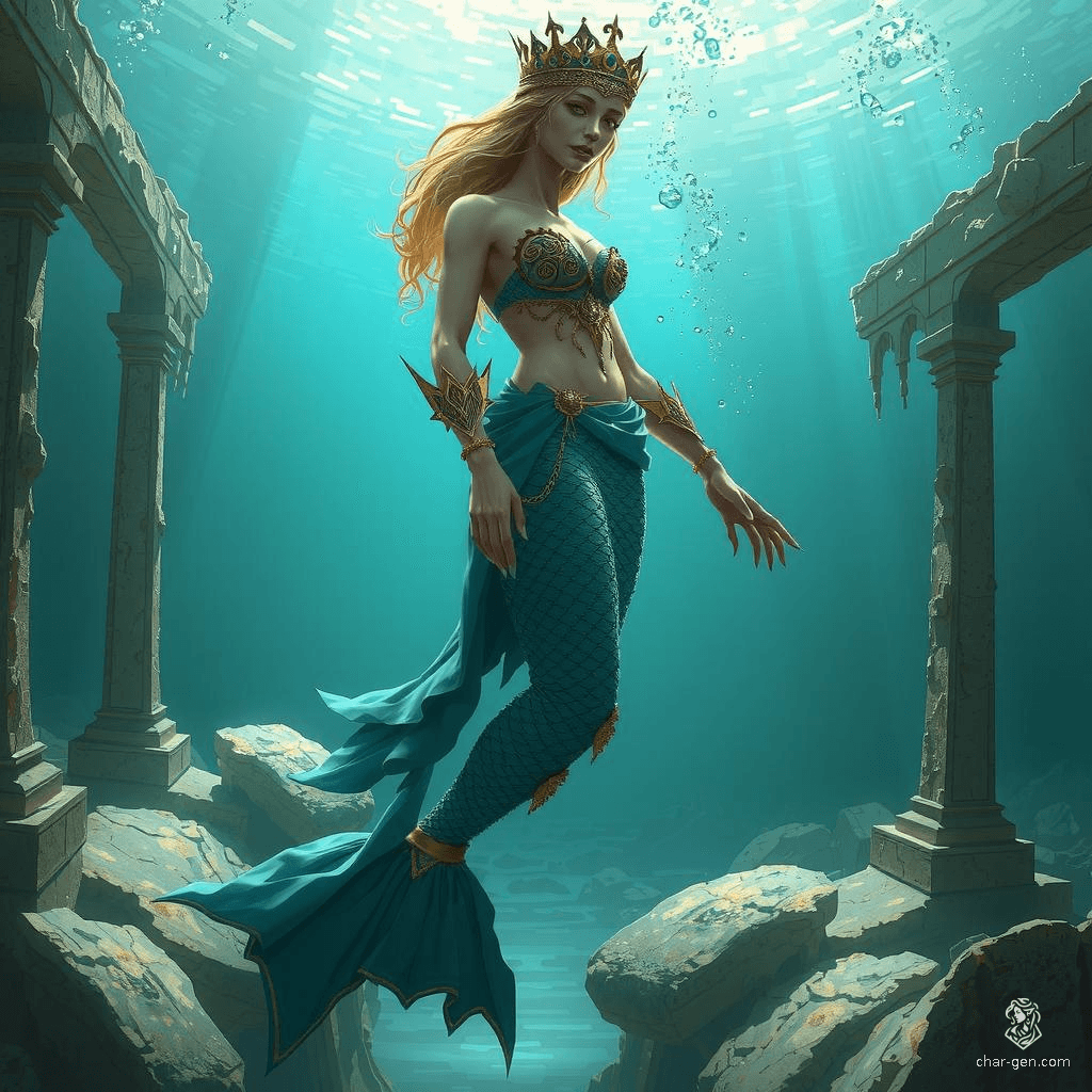 The Mermaid Queen reigns from underwater ruins with regal grace, her shimmering scales blending into the ocean dusk. Her piercing eyes and sharp claws signify both beauty and ferocity, a true ruler of her submerged domain.