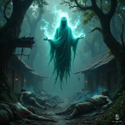 In the desolate remains of a bandit camp, a solitary wraith drifts through the smoke, its wispy form illuminated by glowing eyes. With each passing moment, it drains the life force of the living, haunting the area where frozen screams linger among the dead.