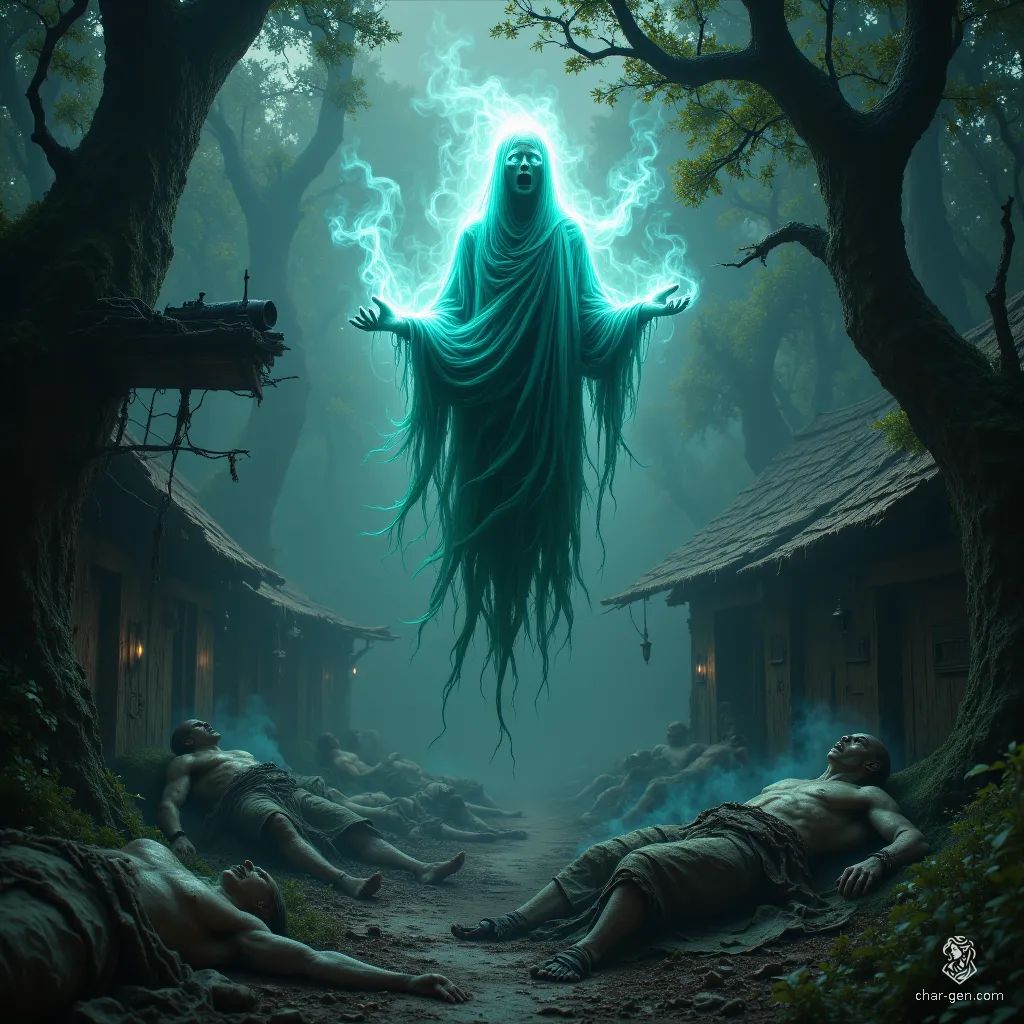 In the desolate remains of a bandit camp, a solitary wraith drifts through the smoke, its wispy form illuminated by glowing eyes. With each passing moment, it drains the life force of the living, haunting the area where frozen screams linger among the dead.