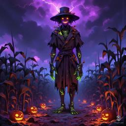 The Psychedelic Harvest Scarecrow stands tall in a twisted harvest festival, its elongated frame draped in ragged, earthy rags. Haunted eyes glow in neon shades, while a chaotic, burlap face and pulsing, colorful straw hair enhance its eerie charm. Amidst a surreal, shadowy field, it exudes dark enchantment.
