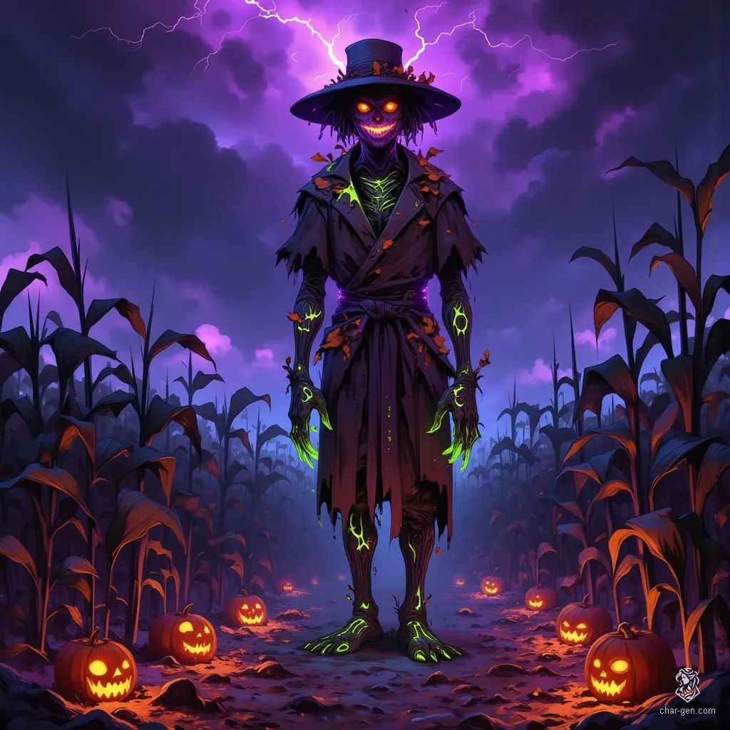 The Psychedelic Harvest Scarecrow stands tall in a twisted harvest festival, its elongated frame draped in ragged, earthy rags. Haunted eyes glow in neon shades, while a chaotic, burlap face and pulsing, colorful straw hair enhance its eerie charm. Amidst a surreal, shadowy field, it exudes dark enchantment.