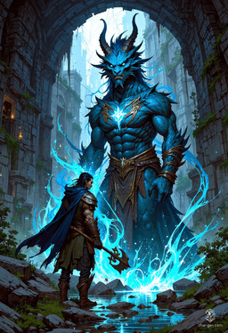 Az'ur Sininen, a noble dragonborn barbarian, stands at 6'7" with striking blue scales and dark blue eyes. A folk hero wielding a morningstar, he exudes strength and agility. Clad in an intricately shifting cloak, Az'ur embodies sincerity, haunted yet proud of his past, driven by authenticity and resilience.