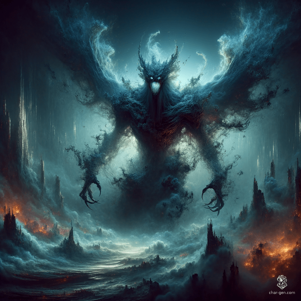 An ethereal shadow demon surrounded by thick dark shadows, the formless, smoky figure has no wings but features a terrifyingly big mouth. Its entire being is shrouded in darkness, making it a sinister and elusive entity.