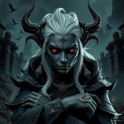 A black-skinned Drow sorceress with white hair, draped in enchanted garments adorned with arcane sigils, exudes a powerful magical aura. Her distinct dark complexion sharply contrasts with her mystical attire, highlighting her enigmatic and formidable presence.