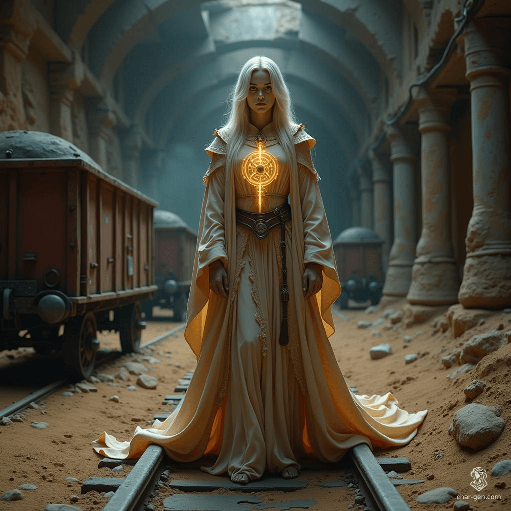 An ethereal aasimar cleric, this holy woman radiates a gentle glow, embodying calm and compassion. Her angelic features are accentuated by unusual colored eyes, reflecting her divine connection. With a prominent holy symbol at her side, she guides others with wisdom and serenity.