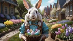 Meet our whimsical harengon courier, a sprightly, fair-skinned teenager with bright white hair, large ears, and a fuzzy muzzle. Clad in vintage pastel attire, she flits between destinations with a satchel of secrets, delivering eggs and joy in a delightfully quirky world inspired by Wes Anderson's playful elegance.