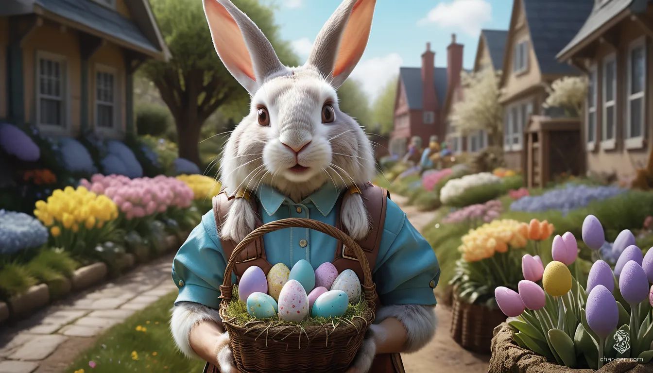 Meet our whimsical harengon courier, a sprightly, fair-skinned teenager with bright white hair, large ears, and a fuzzy muzzle. Clad in vintage pastel attire, she flits between destinations with a satchel of secrets, delivering eggs and joy in a delightfully quirky world inspired by Wes Anderson's playful elegance.