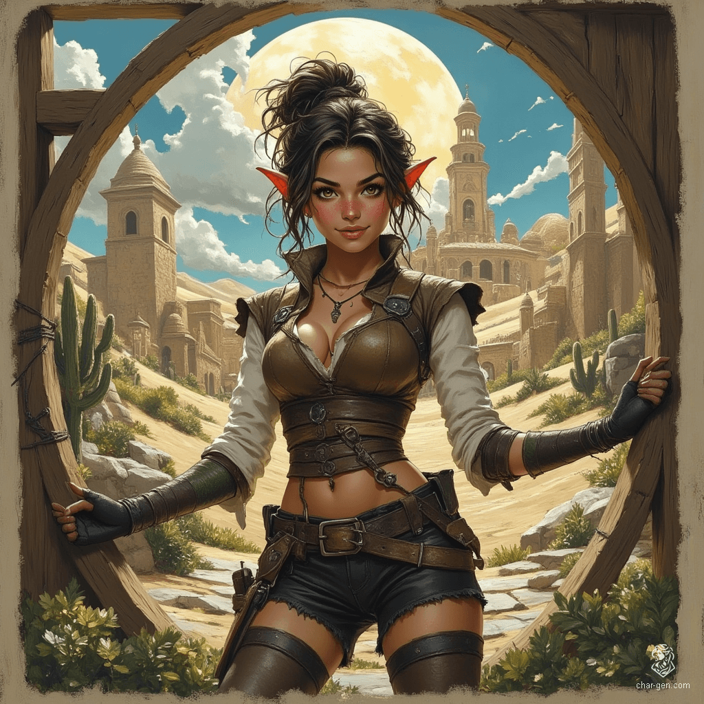 Izzy, a perky young halfling assassin, blends lethal beauty with a dangerous intellect. Standing 1.5 meters tall, her snake-like yellow-green eyes and green snake-scale tattoos hint at her lethal expertise. Dressed in a snug brown leather tunic, she lurks in shadows, ready to strike with her concealed daggers.