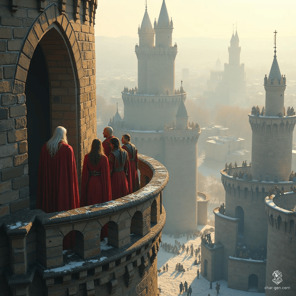 In a towering city of interconnected spires, Gallic-style nobles gather upon a lofty balcony, basking in winter sunlight. Amidst their quiet reflection, a revered war veteran, distinguished by his long white hair, sings a poignant lament, weaving tales of valor and sacrifice.