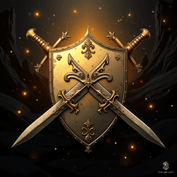 Beneath a shimmering gold-yellow sky, a medieval shield emblazoned with elaborate runes stands proudly. Surrounding it, entwined swords rest atop gnarled wooden roots, while shadows dance dramatically across the vibrant, enchanted landscape, creating an atmosphere of storied grandeur and ancient lore.