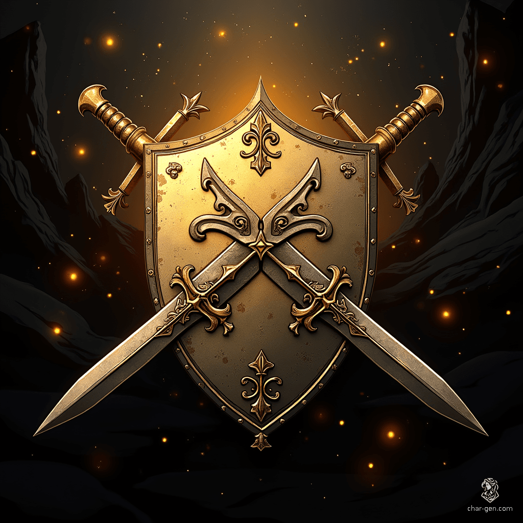 Beneath a shimmering gold-yellow sky, a medieval shield emblazoned with elaborate runes stands proudly. Surrounding it, entwined swords rest atop gnarled wooden roots, while shadows dance dramatically across the vibrant, enchanted landscape, creating an atmosphere of storied grandeur and ancient lore.