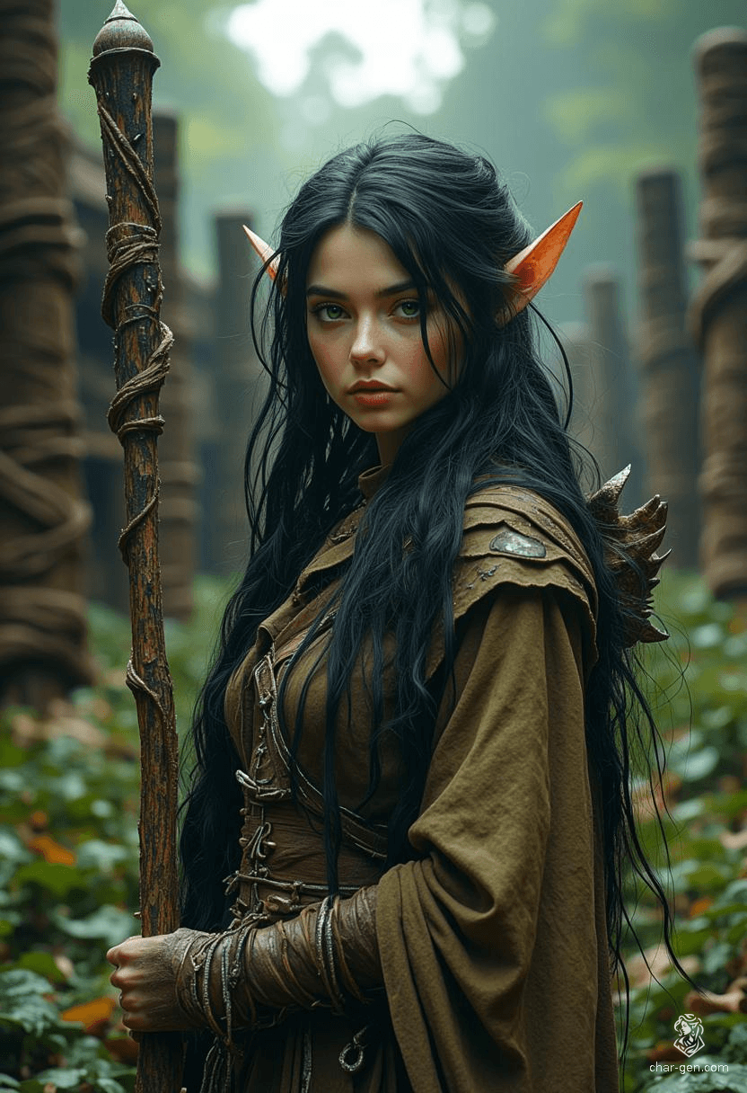 Vex'ahlia, a nimble half-elf ranger, navigates the shadows of the woods with unmatched agility. Abandoned and misunderstood, she finds solace in nature and companionship with a bear. At 21, with jet-black hair and keen brown eyes, she thrives as a skilled hunter, embracing her outlander spirit.