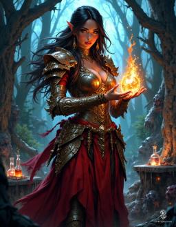 In a mystical forest, a young female sorcerer stands poised, her long, dark hair flowing as flames dance from her hands. Adorned in intricate armor and a striking red skirt, she radiates arcane power amidst bubbling vials, embodying the fusion of magic and alchemy.