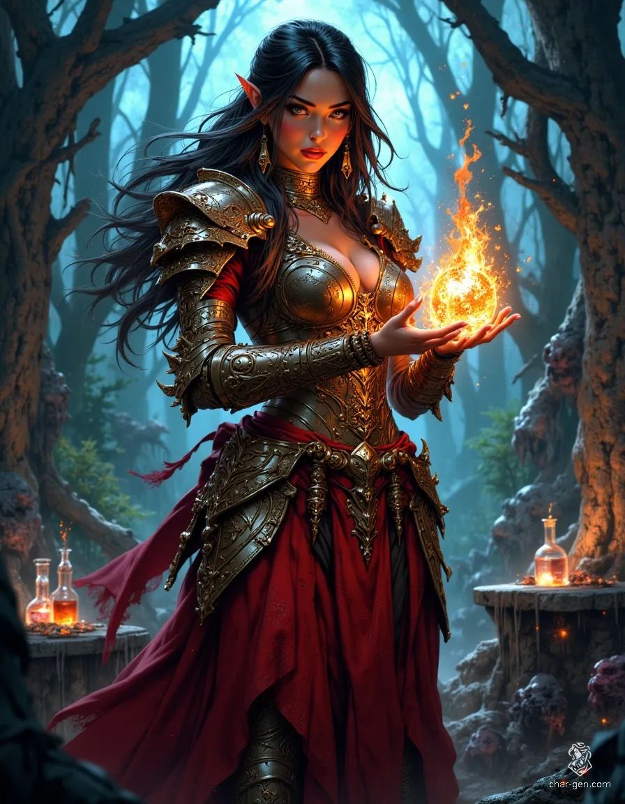 In a mystical forest, a young female sorcerer stands poised, her long, dark hair flowing as flames dance from her hands. Adorned in intricate armor and a striking red skirt, she radiates arcane power amidst bubbling vials, embodying the fusion of magic and alchemy.