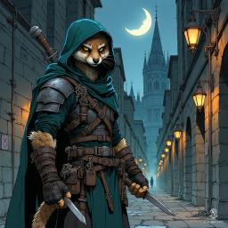 In a shadowy urban alley, a nimble meerkat rogue awaits, cloaked in dark leather adorned with silver buckles. With daggers glinting in the moonlight and tools of thievery at hand, they blend into the gritty cityscape, poised for stealth and cunning escapades.