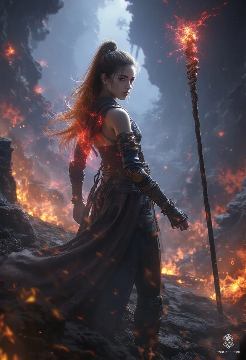 Aleira Emberstorm is a formidable young fire wizard, clad in intricately rune-etched leather armor over a sleek black leotard. With flowing orange hair and a staff radiating red magical energy, she exudes serene determination, embodying fierce devotion to the flames and arcane mastery.