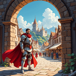 A vigilant male guard, clad in striking white and red armor complemented by a flowing red cloak, patrols the streets with an unwavering watchfulness. His thick outlines and chainmail hint at strength, as he stands resolute at the gates, embodying the spirit of protection.
