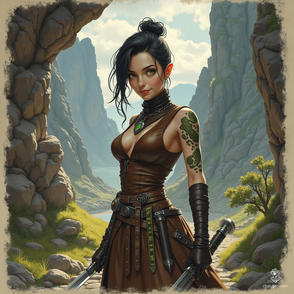 Izzy, a perky halfling assassin, stands 1.5 meters tall with striking yellow-green eyes and snake-scale tattoos adorning her bare arms. Clad in a tight brown leather tunic, she lurks in the shadows, exuding an aura of deadly competence and a playful malice that hints at the thrill of her lethal hunt.