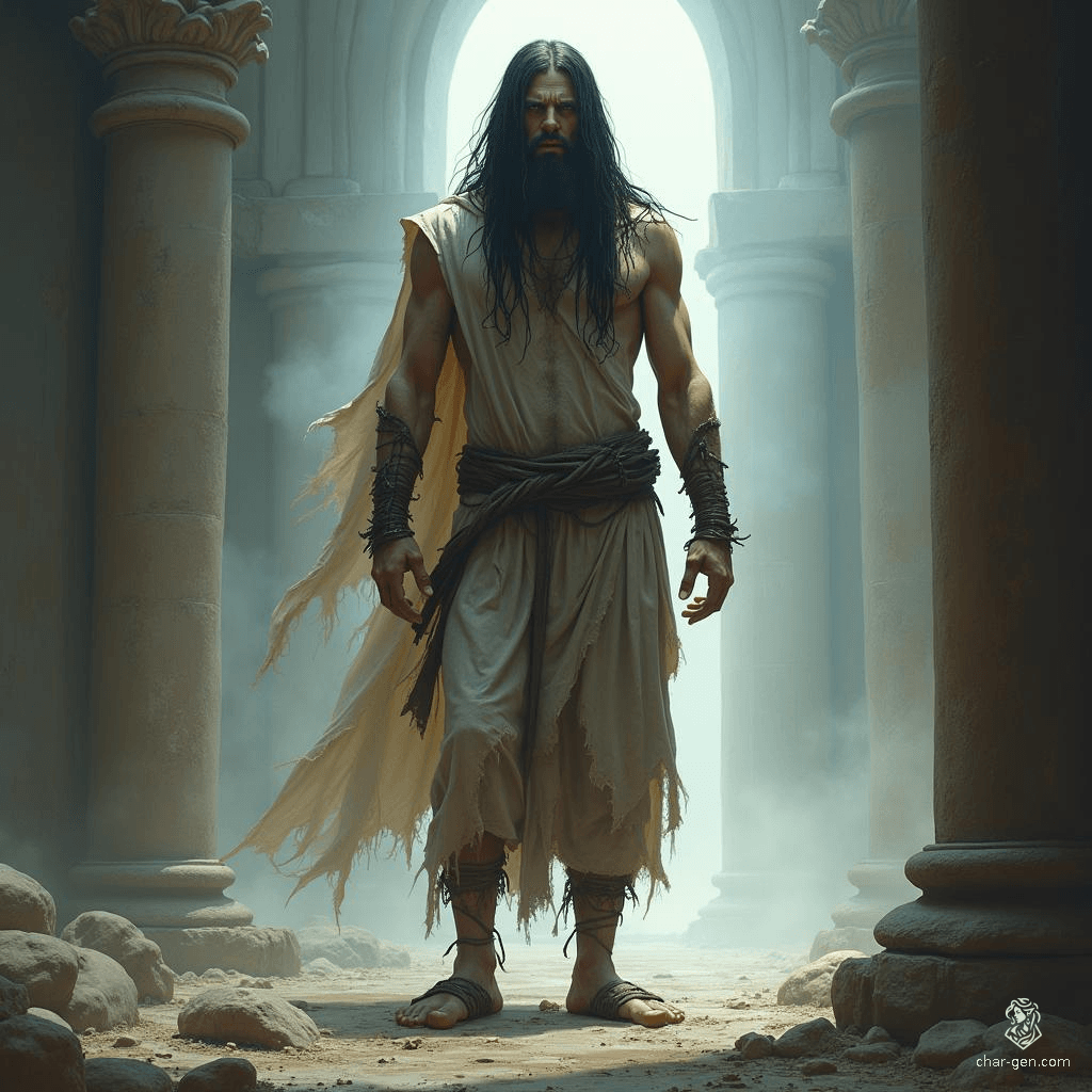 A tall, ragged prisoner, clad in tattered garments and leather sandals, exudes an ethereal aura. With long black hair framing an angry visage, he embodies a haunting blend of magnificence and magic, capturing the viewer's imagination in a painterly, otherworldly realm of fantasy.