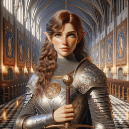 Kira Smith, a 180-year-old High Elf cleric, stands 5'7" with a medium build and 149 pounds. Her serene demeanor contrasts sharply with her pale, freckled skin and green eyes. Clad in intricately detailed scale mail, she wields a longsword and prominently displays her holy symbol. Her long, wavy auburn hair adds to her extremely charming and wise presence.