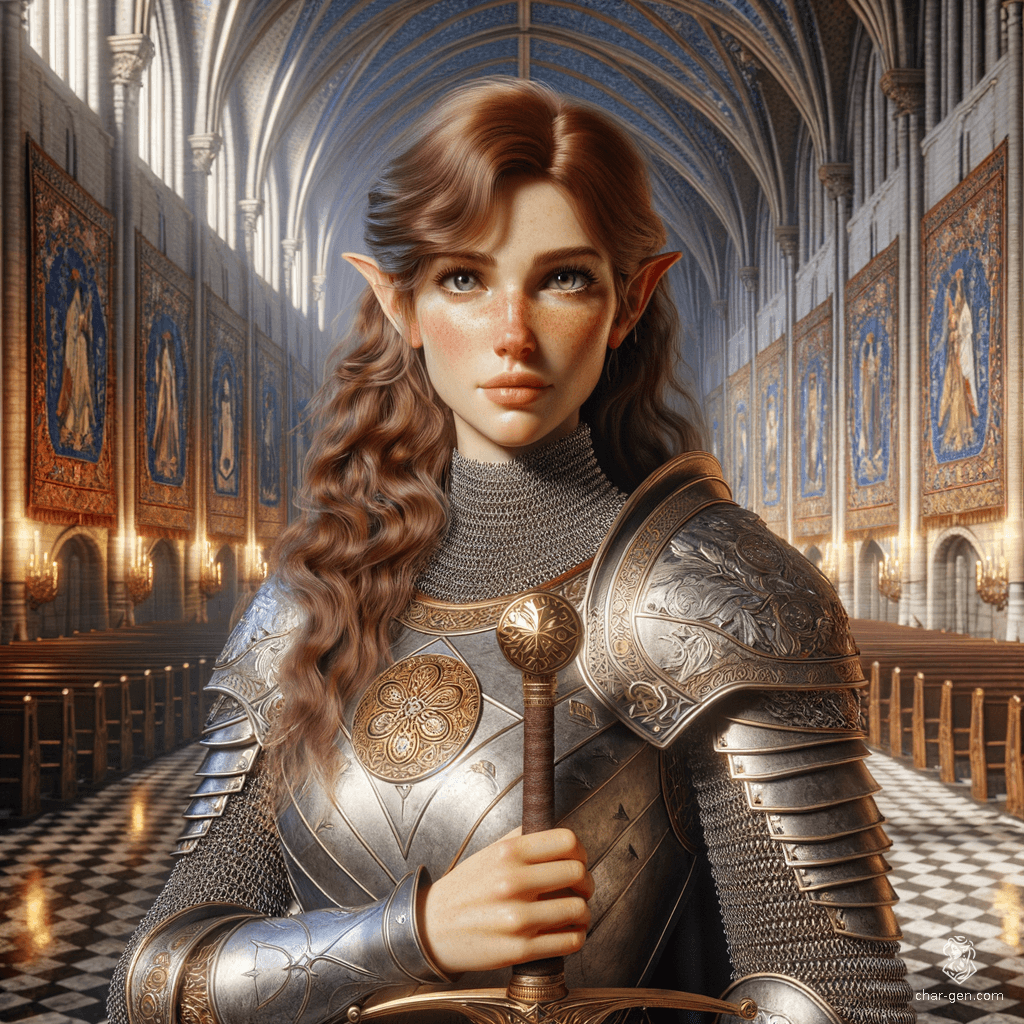 Kira Smith, a 180-year-old High Elf cleric, stands 5'7" with a medium build and 149 pounds. Her serene demeanor contrasts sharply with her pale, freckled skin and green eyes. Clad in intricately detailed scale mail, she wields a longsword and prominently displays her holy symbol. Her long, wavy auburn hair adds to her extremely charming and wise presence.