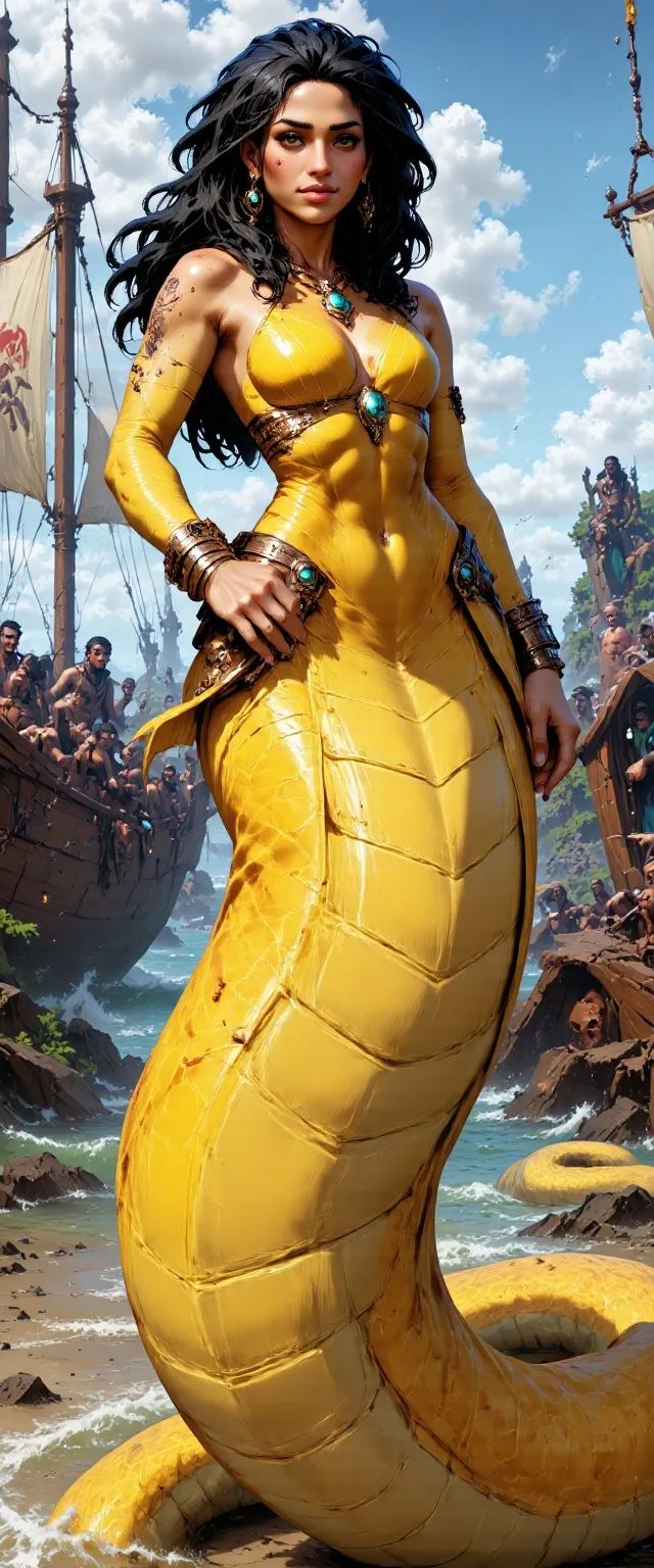 A striking female naga with gleaming yellow skin and long black hair, wearing only a bandana. Her serpentine body coils gracefully as she commands the ship’s wheel, her hooded cobra head and hypnotic yellow eyes poised to strike with jewel-adorned elegance.