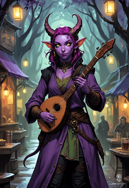 Lyrica Chantenuit, a 25-year-old tiefling bard, enchants audiences with her lute, her nimble fingers dancing across the strings. With striking purple skin, rich plum hair, and alluring green eyes, she captivates with expressive gestures. A charming soldier, she navigates the world with youthful exuberance.