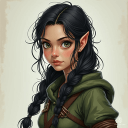 Meet Lira, the daring halfling rogue with a long braid cascading down her back. Her striking black hair complements her piercing green eyes, hinting at her cunning nature. Swift and agile, she navigates the shadows, ready to outsmart foes and seize treasures unseen.
