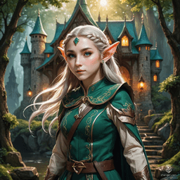 Elyndra, a graceful elf from the ancient Eldarwen forest, possesses shimmering emerald eyes and silken silver hair. Skilled in archery and nature magic, she safeguards her realm against dark forces, embodying both wisdom and agility as she moves seamlessly through the vibrant woodland.