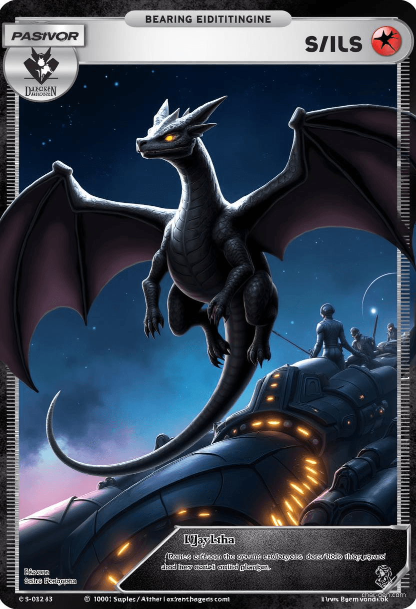 The Black Dragon is a sleek, young creature with dark scales and lithe body, soaring gracefully alongside spaceships. With powerful black wings and a mysterious aura, it embodies strength and agility, making it a formidable presence in any fantasy realm.
