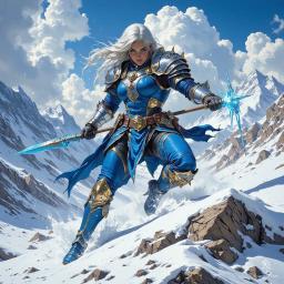 Cold-hearted and fierce, this female warlock wields a frosty spear and dons shimmering blue armor, intricately adorned with ice crystals. With icy blue eyes and silver-blue hair, she embodies a chilling aura of magic, poised atop a snow-covered peak as a blizzard swirls around her.