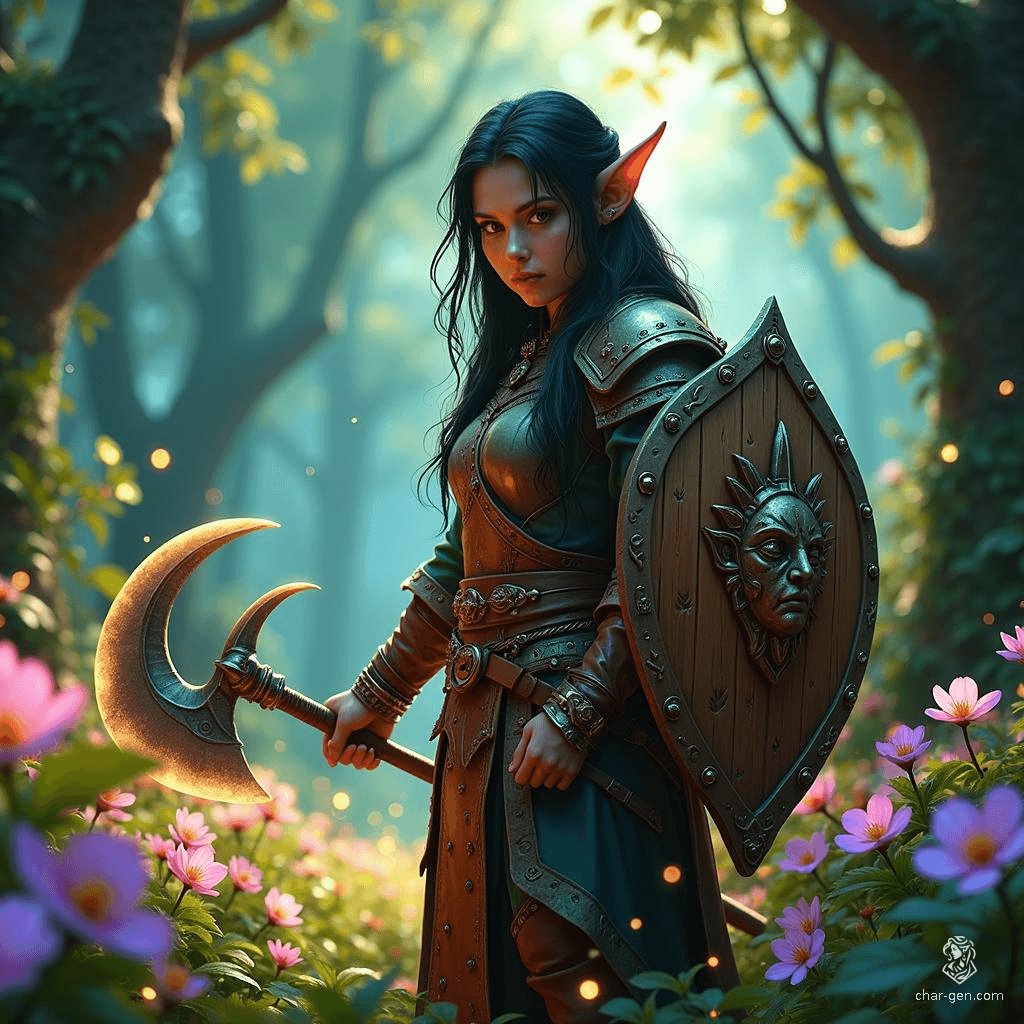 Eldrin, a male wood elf druid, embodies the harmony of nature. With fair skin and jet-black hair, he blends earthy elements in his herbalist lair. Armed with a moon sickle and a carved wooden shield, he commands animal companions while crafting potent natural remedies.