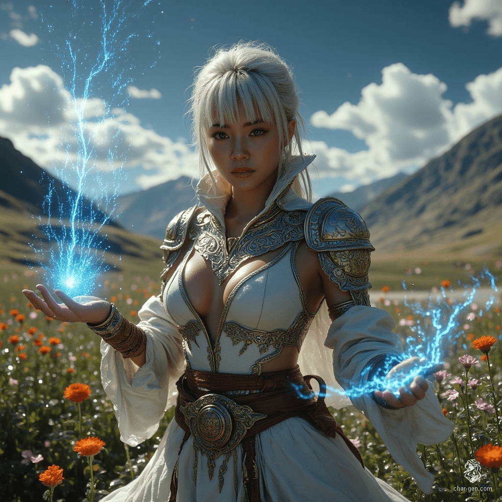 Jouli is a strikingly gorgeous middle-aged investigator mage of East Asian descent, standing 5'4" with a lithe frame. Her fair skin shimmers in sunlight as she carves a glowing blue rune in a defensive pose. Clad in intricately embossed white leather armor, her bright, concerned eyes reflect wisdom and strength amidst towering bookshelves.