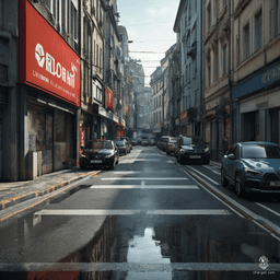 In this hyperrealistic fantasy landscape, a dimly-lit, cobblestone street exudes an eerie atmosphere. Shadows twist around ancient stone buildings, while flickering lanterns cast ghostly glows, hinting at hidden dangers in every darkened alley. The air is thick with foreboding, as if the street itself is alive with secrets.