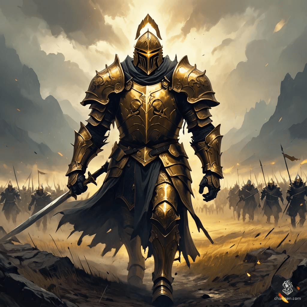A towering golden knight strides onto the battlefield, radiating an aura of dominance and intimidation. His piercing gaze seems to cut through the turmoil, instilling dread in his foes. Clad in resplendent armor, he embodies both strength and a dark, formidable presence that commands respect and fear.