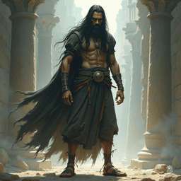 A tall, ragged medieval prisoner, his slender frame cloaked in tattered rags, emanates a haunting aura. Long black hair billows around his fierce, angry visage. Ethereal and celestial, he stands as a majestic symbol of defiance, weaving a tale of magic and dreams.