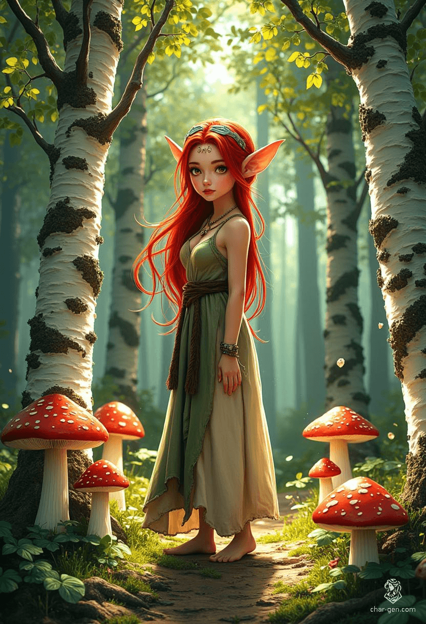 Keyleth, a petite 17-year-old Half-Elven druid of the Air tribe, possesses a profound wisdom hidden beneath her socially awkward exterior. With striking cherry-red hair and earthy animal companions, she embarks on her Aramente journey to prove herself amidst self-doubt and high expectations.