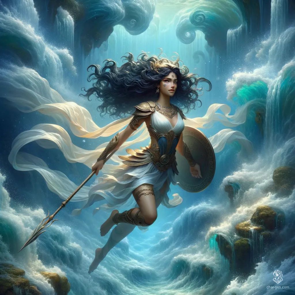A striking young warrior, she floats gracefully in water, clad in ancient Greek armor. Her black curly hair cascades over her shoulders as she wields a long spear and shield, exuding majesty and confidence. Her beige skin glistens, reflecting her formidable strength and noble spirit.