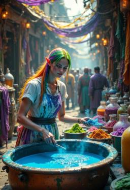 A serene young female elf monk with fair, radiant skin and long flowing rainbow hair stained by vibrant dyes. She skillfully stirs silks in a copper cauldron at her Mardi Gras fabric dying stall, surrounded by vivid fabrics and colorful powders, embodying calm artistry and fluid grace.