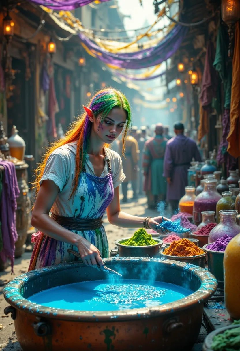 A serene young female elf monk with fair, radiant skin and long flowing rainbow hair stained by vibrant dyes. She skillfully stirs silks in a copper cauldron at her Mardi Gras fabric dying stall, surrounded by vivid fabrics and colorful powders, embodying calm artistry and fluid grace.