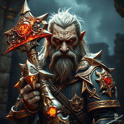 Groomorlum Blunthorn, a wise and charming dwarf warlock from Mirabar, wields a radiant warhammer and bears arcane sigils. Clad in intricately detailed, magma-adorned armor, he is strong, hardy, and fiercely loyal to his guild. His magical powers stem from a deal with the shadows.