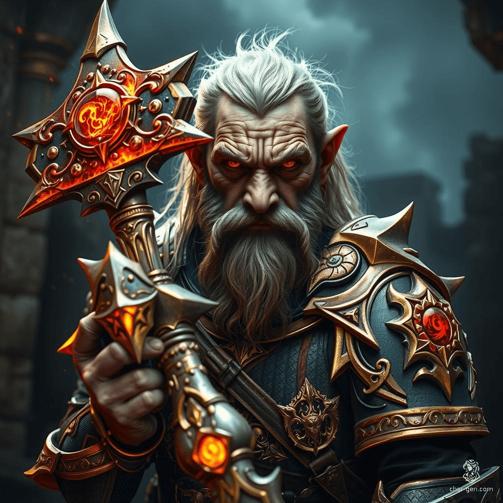 Groomorlum Blunthorn, a wise and charming dwarf warlock from Mirabar, wields a radiant warhammer and bears arcane sigils. Clad in intricately detailed, magma-adorned armor, he is strong, hardy, and fiercely loyal to his guild. His magical powers stem from a deal with the shadows.