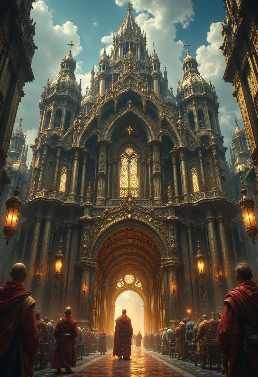 A radiant celestial guardian, cloaked in ethereal robes adorned with intricate patterns of light, stands within an ancient church. Surrounded by atmospheric stained glass, their piercing eyes glow with wisdom, embodying a serene blend of divinity and strength. A protector of faith, they watch over the realm with unwavering devotion.