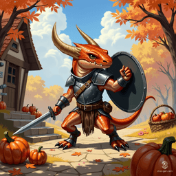 Luna, a fluid-gender half-kobold, half-goloma fighter, boasts a copper-scaled, muscular physique. Clad in steel breastplate and tattered leather armor, they wield a steel shield mid-battle, showcasing their eight black eyes and fierce determination as a hardened outlaw. A dynamic blend of resilience and cunning.